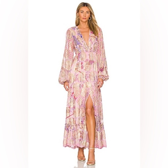 Hemant & Nandita Amal Long Dress • Lilac Gold Metallic Floral Maxi • Size Small - Picture 1 of 11